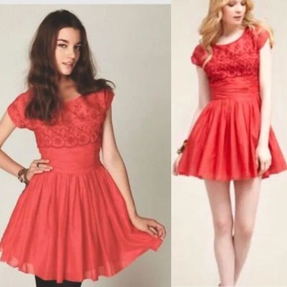 Free People Women's Size 2 Rose Garden Eyelet Embroidered Red Poppy Mini Dress - Picture 3 of 16